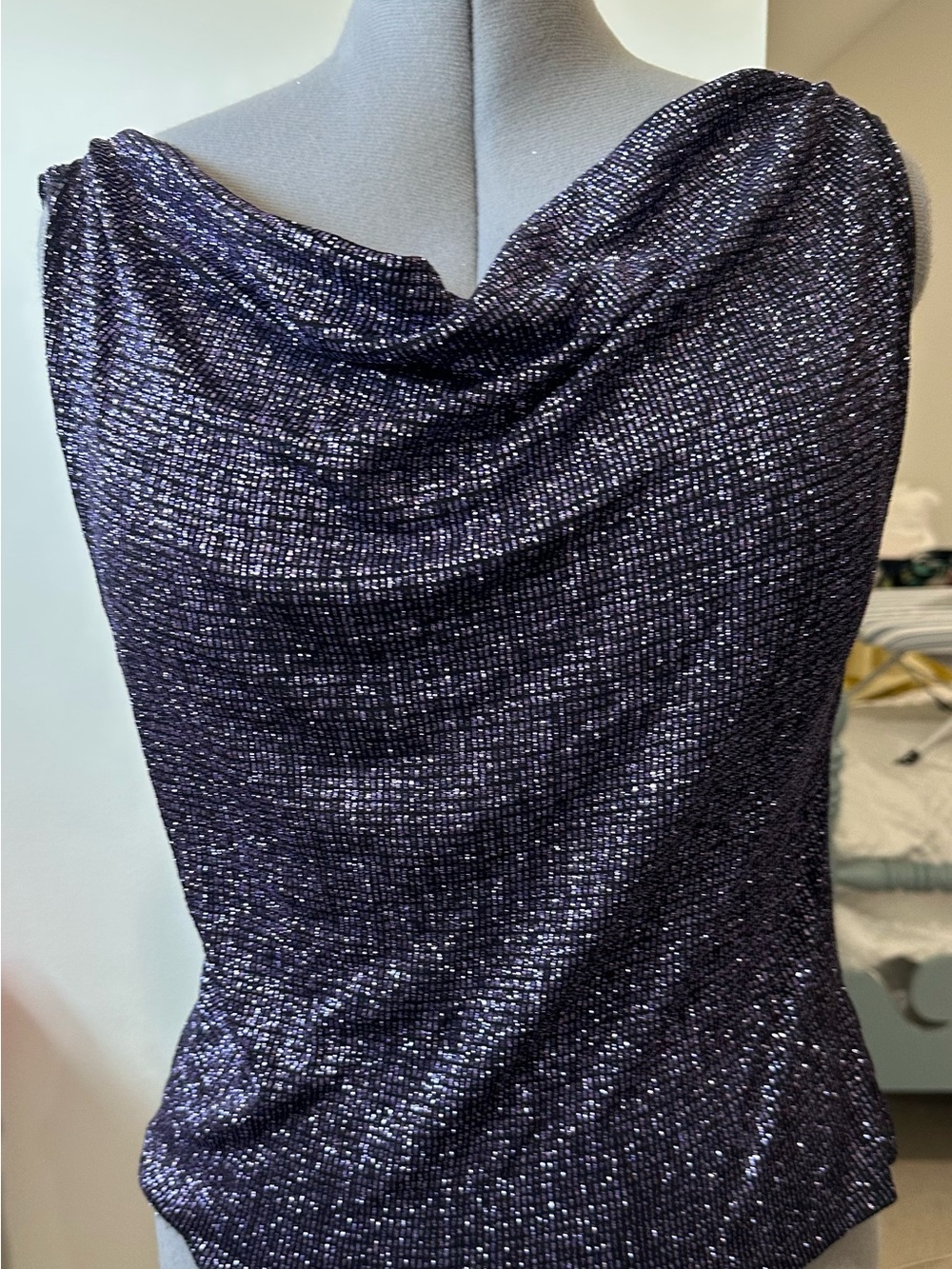 Metallic Cowl Neck Blouse in Black and Purple